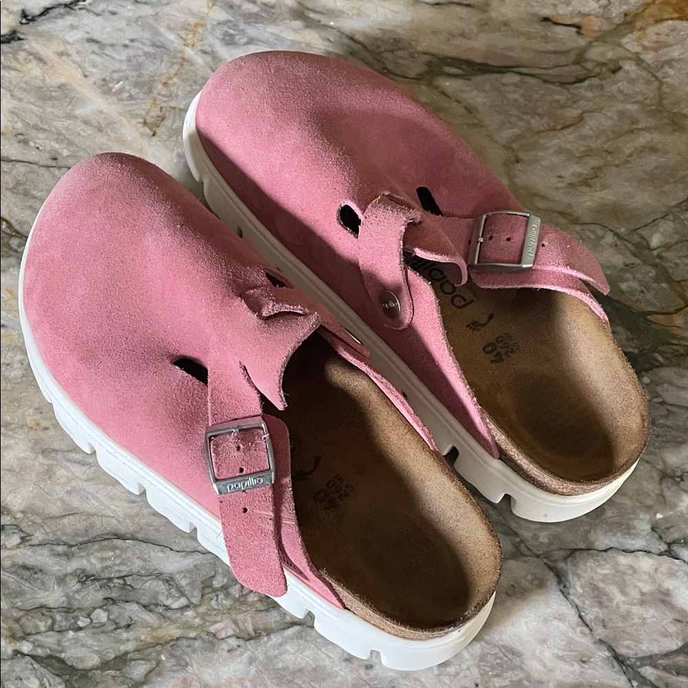 Birkenstock Pink Suede Platform Clogs